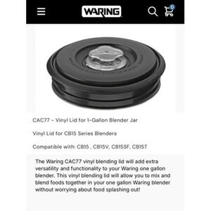 Waring CAC77 Vinyl Lid for 1 Gallon Blender Jar CB15 CB15V CB15SF CB15T Black